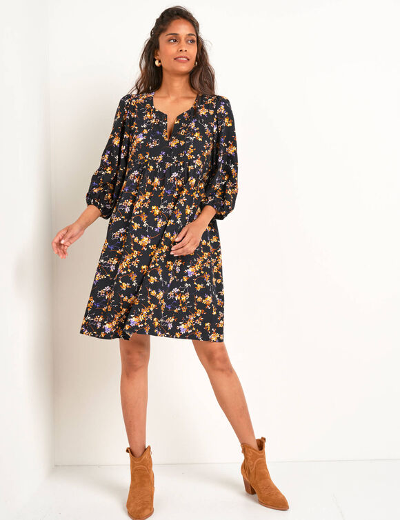 Robe manches blousantes, imprimé fleuri (noir / miel) Robe manches blousantes, imprimé fleuri (noir / miel)